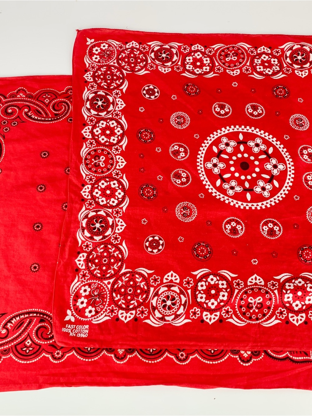 2 Vintage Red Paisley Bandanas Fast Color Hearts Floral Butterfly Bow Geometric